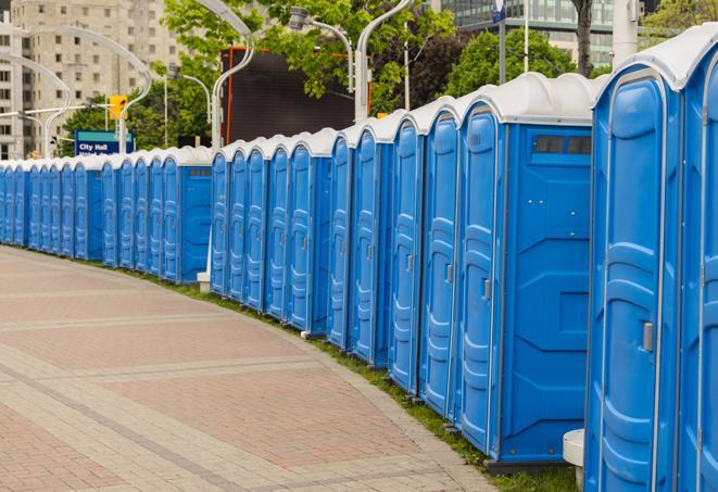 a line of portable restrooms at an outdoor wedding, catering to guests with style and comfort in Ault